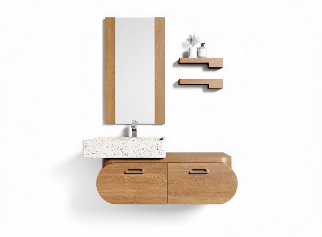 Meuble de salle de bain avec lavabo en terrazzo et miroir - 120 x 50 x 80cm