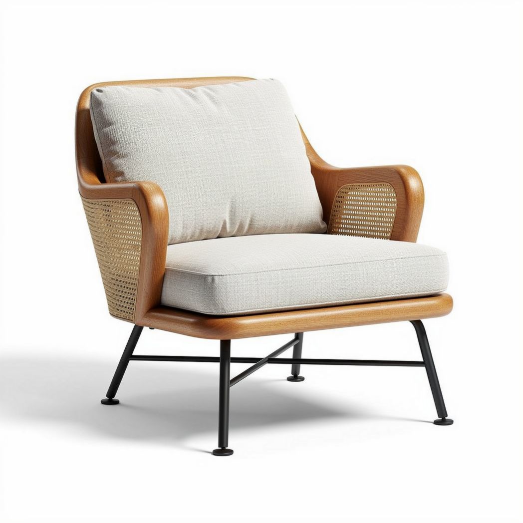 Fauteuil en rotin pour salon ou terrasse en bois et tissu - 80 x 80 x 75cm
